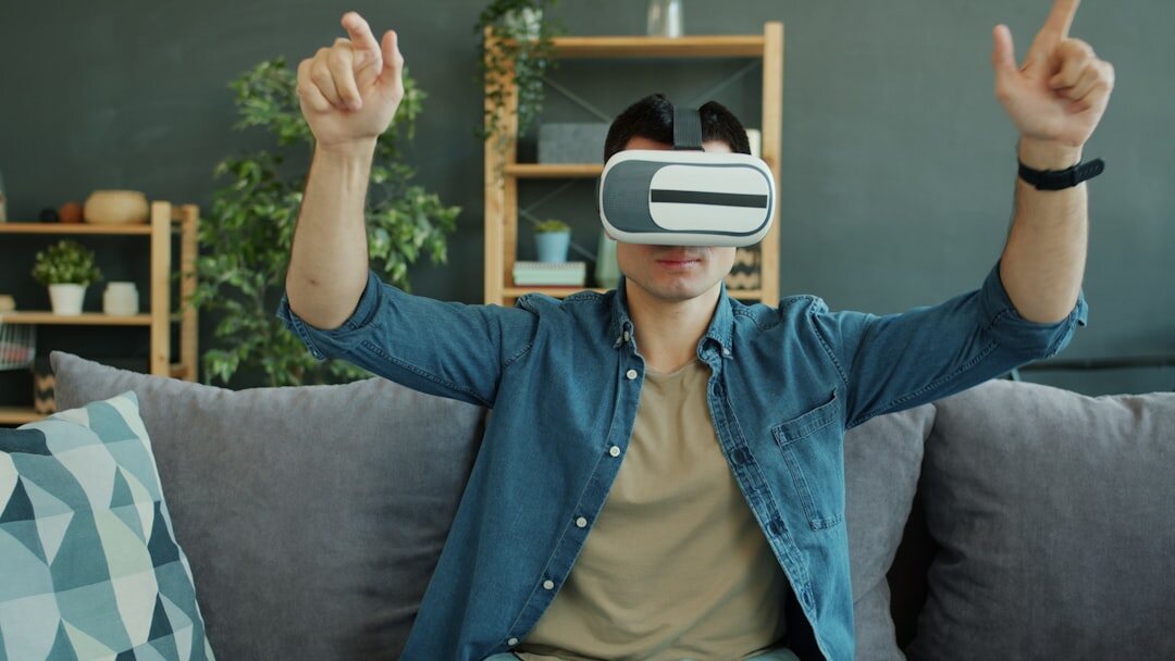 Virtual reality headset user in digital world